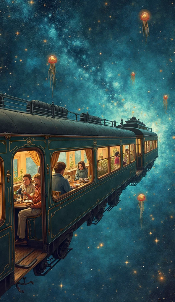 Cosmic Train Through the Stars
“A train with vintage brass fixtures and wooden floors glides silently across the cosmos, riding invisible tracks through deep space. Inside, passengers — a mix of humans, spirits, and animals in traveling cloaks — sit quietly, sipping tea as constellations swirl past the windows. One car is a greenhouse filled with stardust plants, tended by an owl-eyed conductor with a watch that ticks backward. A  leans against the glass, eyes wide as glowing jellyfish-like beings float just outside. The stars hum softly, forming shapes from dreams. The train occasionally stops at floating islands, each holding a tiny world: a forest made of glass trees, a library with no doors, a village where people speak in colors. Time is fluid here, and every moment feels like a soft farewell.”
