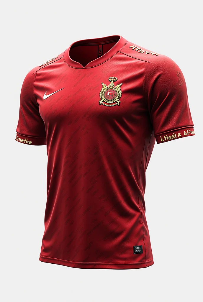 Men's red volleyball shirt with a side ribbon, gold details with a small emblem on the left side of the chest of a sword and a Spartan helmet