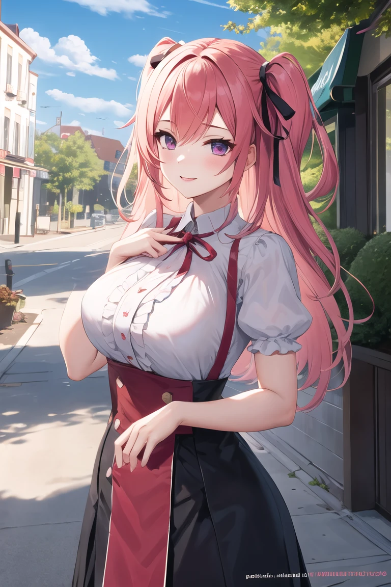 masterpiece, best quality, highres, aaakari, long hair, cone hair bun, earrings, medium breasts, cleavage, blue shirt, blue bow, shoulder cutout, pleated skirt, blue skirt, standing, cowboy shot, smile, street