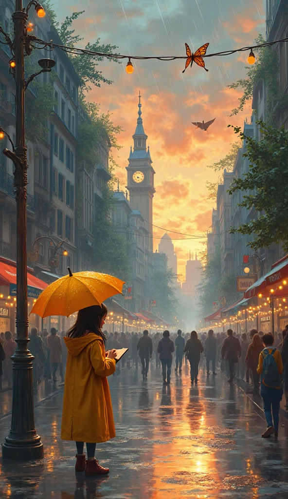 Rainy City with Secret Spirits
“A bustling city during golden hour after a spring rain — reflections of orange and pink shimmer in puddles across the pavement. Among the crowds, a young artist in a yellow raincoat sketches quietly in her notebook while waiting for the tram. Raindrops cling to her umbrella like little pearls. Unseen by most, small spirit creatures — some glowing faintly, some hiding in plain sight as birds or cats — move through the city alongside people. A giant moss-covered spirit disguised as a rooftop garden watches over the neighborhood. A paper flyer peels from a pole and flutters into the sky, turning into a butterfly mid-flight. In the distance, the clocktower chimes — its sound stirring memories of something forgotten but beloved. The city feels ancient beneath its modern skin, quietly breathing magic into the ordinary.”