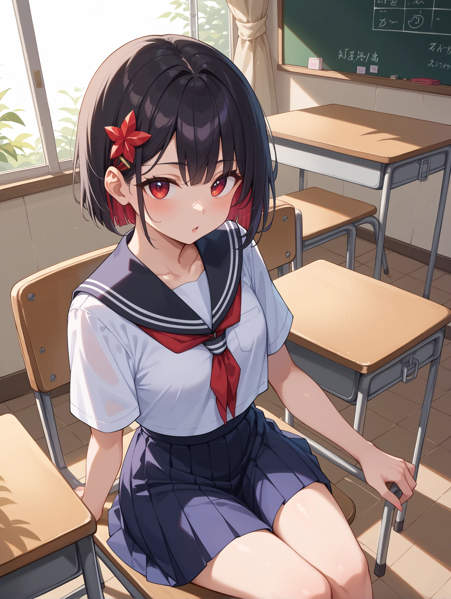 konosubaMegumin, Megumin, short hair, Black Hair, (Red eyes:1.3), short hair with long locks,happy smile, smile, Open your mouth,
White sailor suit,Black cardigan,Short sleeve,White Thailand,Red blazer,Red pleated skirt,White knee-high socks,Black Loafers,Sitting in a chair,There is a textbook on the desk,So that the whole body goes into the illustration,
Destroy Outdoor, School classroom,crowd, people々々,
壊す looking at viewer, Systemic
break (masterpiece:1.2), highest quality, High resolution, unity 8k wallpaper, (shape:0.8), (Fine and beautiful eyes:1.6), Highly detailed face, Perfect lighting, Highly detailed CG, (Perfect hands, Perfect Anatomy),