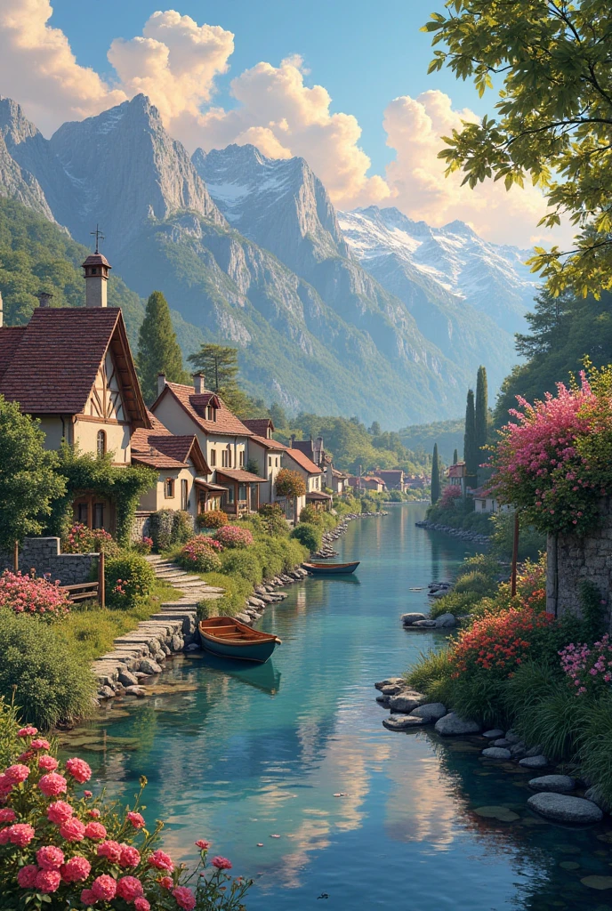 a small village by the river, mountains in the background, floral flowers colorful, detailed landscape, Beautiful natural landscapes, atmospheric lighting, scorching sunset, warm colours, practical, photopractical, Detailed Foliage, complex buildings, cobblestone street, Charming country house, swirly vibrant colors, lush vegetation, Still water reflections, Picturesque, idyllic, work of art, best qualityer, 8k, extremely detaild,anime styling