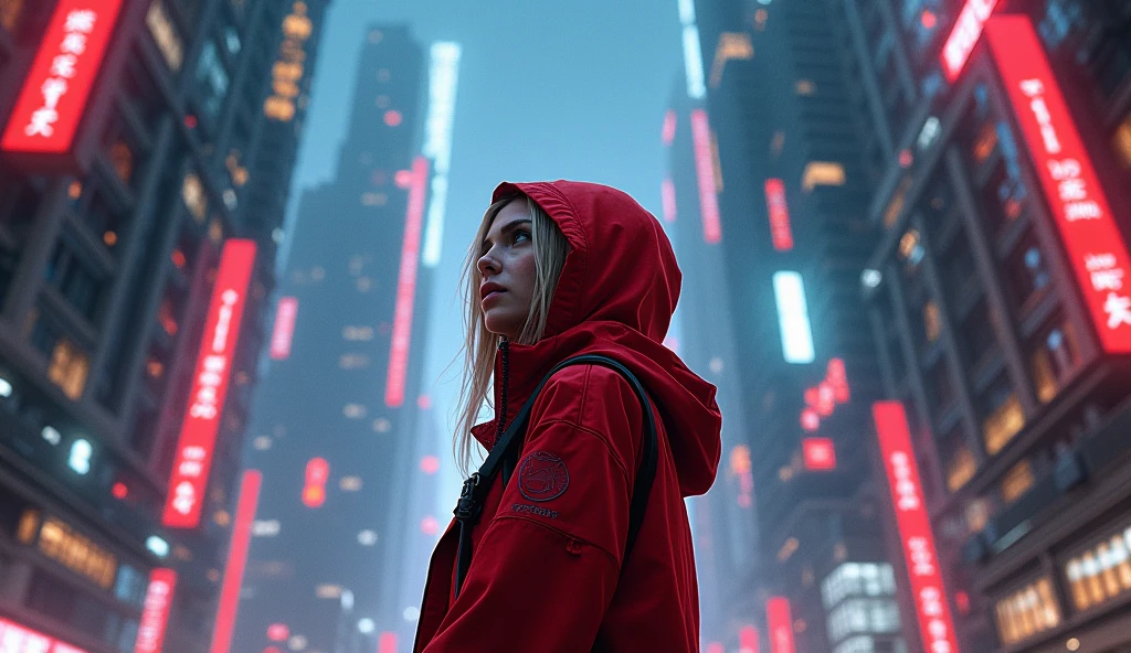 cybercity、blond girl looking up at the city、I'm wearing red hooded clothes、I'm looking up at the city、neon light、