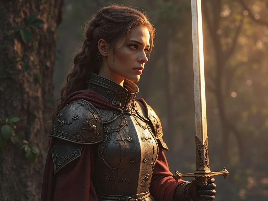 ((RAW Photo), absurd, (absurdresolution)), masterpiece, best quality, (Extremely detailed 8k unity CG wallpaper), (best illustration), (best shadow), Realistic lighting, beautiful detailed glow, ((35 years old)), medieval knight without armor or helmet holds sword (((Photographic Perspective of her)))
