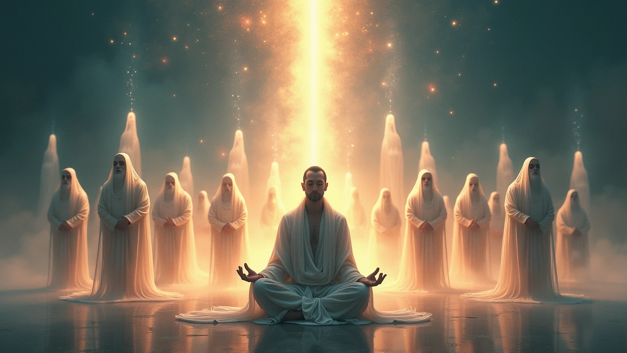 A meditating figure surrounded by translucent ancient spiritual leaders and wise men, ghostly ethereal forms floating around him, each with distinct traditional clothing, cosmic light and mystical energy filling the scene.