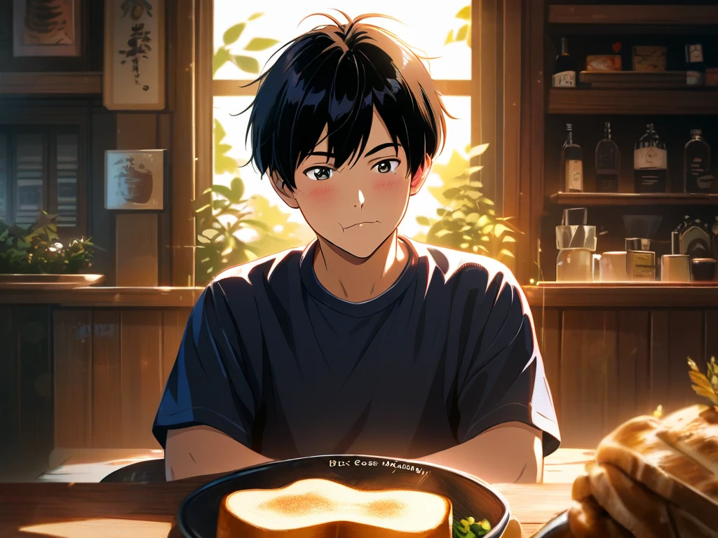 A young athletic Japanese male college student, around 20 years old, short spiky black hair, muscular but with a playful and energetic vibe. He is sitting in a cozy café, cheeks puffed out as he is chewing a mouthful of bread crusts, smiling with a slightly messy mouth. His hands are holding more pieces of bread crusts. His expression is confident and carefree, like he's proudly enjoying his food. Realistic anime style, detailed shading, cinematic lighting, warm tones. Do not make him look like a .
