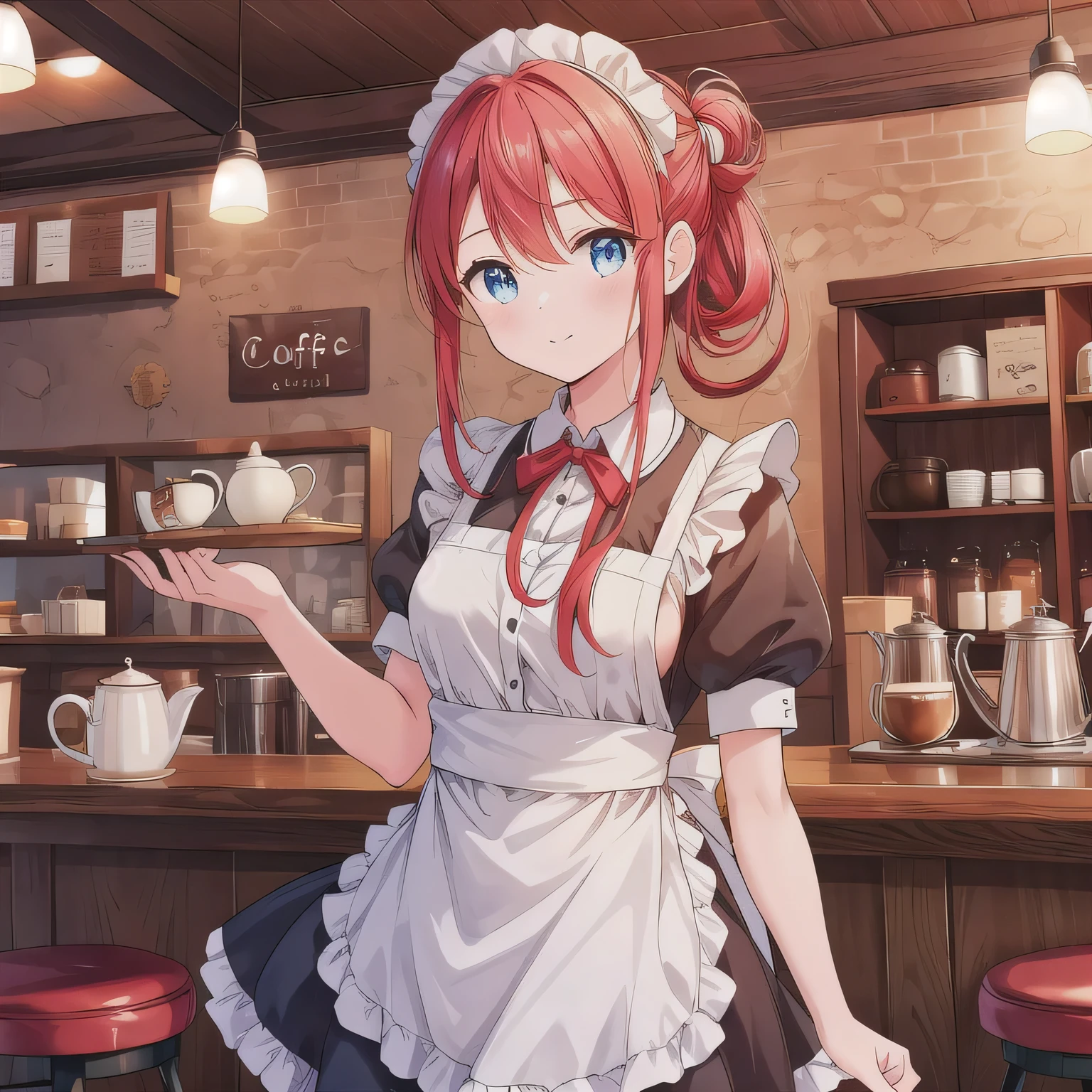 A girl is working as a waitress in a cozy cafe. She's wearing a classic maid outfit. The air feels warm and calm, and it's like you can almost smell the coffee through the picture. Red hair, two-sided updo, blue eyes.