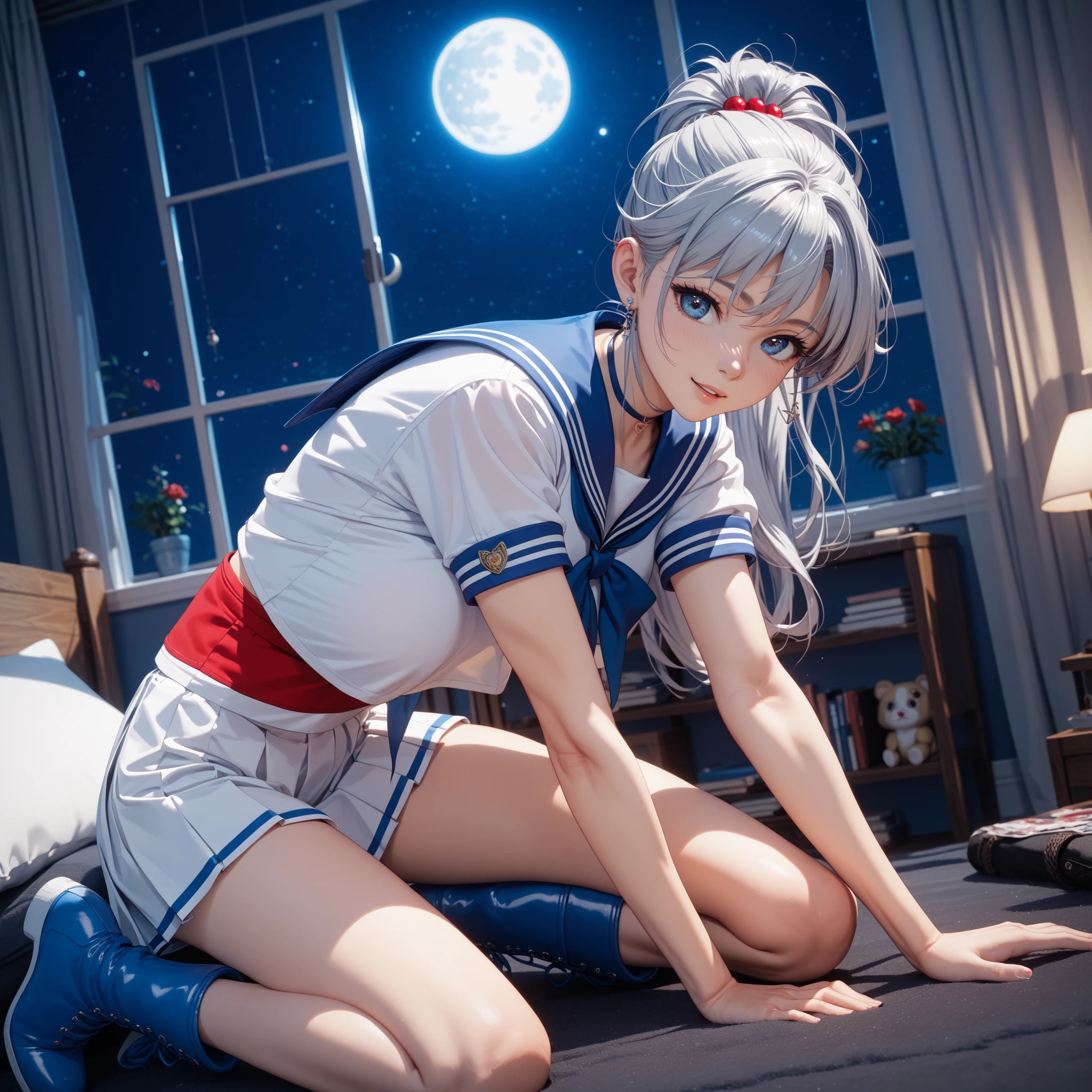 Blonde gray hair, Straight hair, Spread hair, Long hair, PUPILS SPARKLING, long eyelashes, Blue eyes, makeup, Smile, Color Field Painting, Contemporary art,double whirlwind pattern design garment,Iris heterochromatic pupil,((girl with silver ponytail))((off-shoulder white sailor uniform)),((red necktie))、((Navy blue detailed flared miniskirt))((Black stockings))((Black High Heels))、Wallpaper HD of,off shoulders、((erectile nipple))、(Puffy eyes:1.2)、 (Slim legs),(Light shines on the face and chest)、(((((underboob)))))、Lower breast、Oily skin、skinny、 (the underside of the chest is slightly visible),(Visible lower milk、I can see your belly button and ribs)、Hip bones and lower abdomen are visible、Dark blue flared skirt、(lift up skirt),((White T-back panties visible)),((Milky Way galaxy in the background))、 Northern Renaissance, Blurred, blending, From below, From Side, the panorama, ultra wide-angle, Wide Angle, F/1.8, 135 mm, canon, nffsw, retinas, masutepiece, Elaborate, Anatomically correct, Skin Texture, Super Detail, high detailing, High quality, hight resolution, 1080p, hard disk, 4K, 8K, of the highest quality, Sexy Pose , ((cheer girl)), serafuku, Japanese school sailor uniform, darkblue pleated skirt:1.27), (From below, White thong, 1.24),(top-quality)、 (masterpiece)、(Professional lighting with fewer shadows)、 (A hyper-realistic)、 (perfect anatomia)、 (In front of the camera、There are two women、Bangs and forehead、And moles under the eyes), (Bright and even whitening skin without wrinkles and steps:1.5), (Beautiful blue eyes with long eyelashes and red tear bags:1.5), (Two people proudly sticking out their chests in front of the camera.:1.2), (Another person on the other side、Turned back with arched hips)、