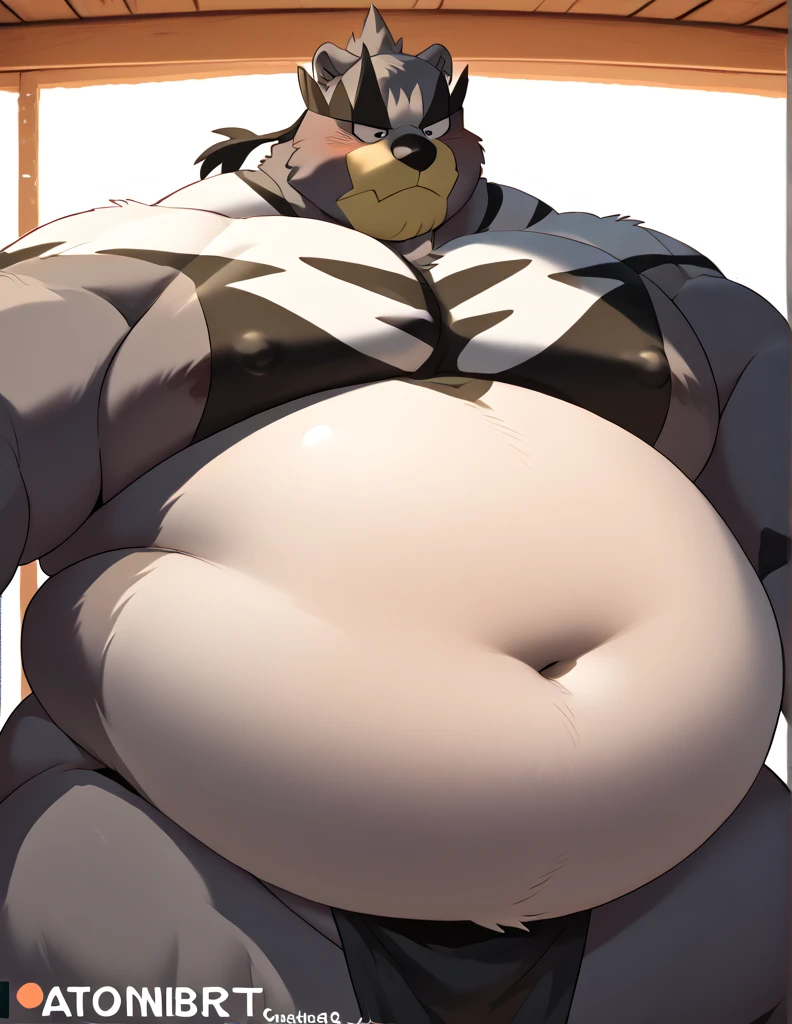 solo, male, canine, very obese, musclegut, mature male, old, angry, arms crossed and fat, black fur, red eyes, obese body hair, half-body, white background, by mystikfox61, by glitter trap boy, by bebebebebe