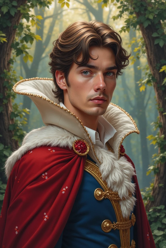 create a young man. He is the prince of snow white. He is dressed in the disney costume. realistic portrait. He looking directly at the viewer. Full figure. Background an enchanted forest with vivid colors