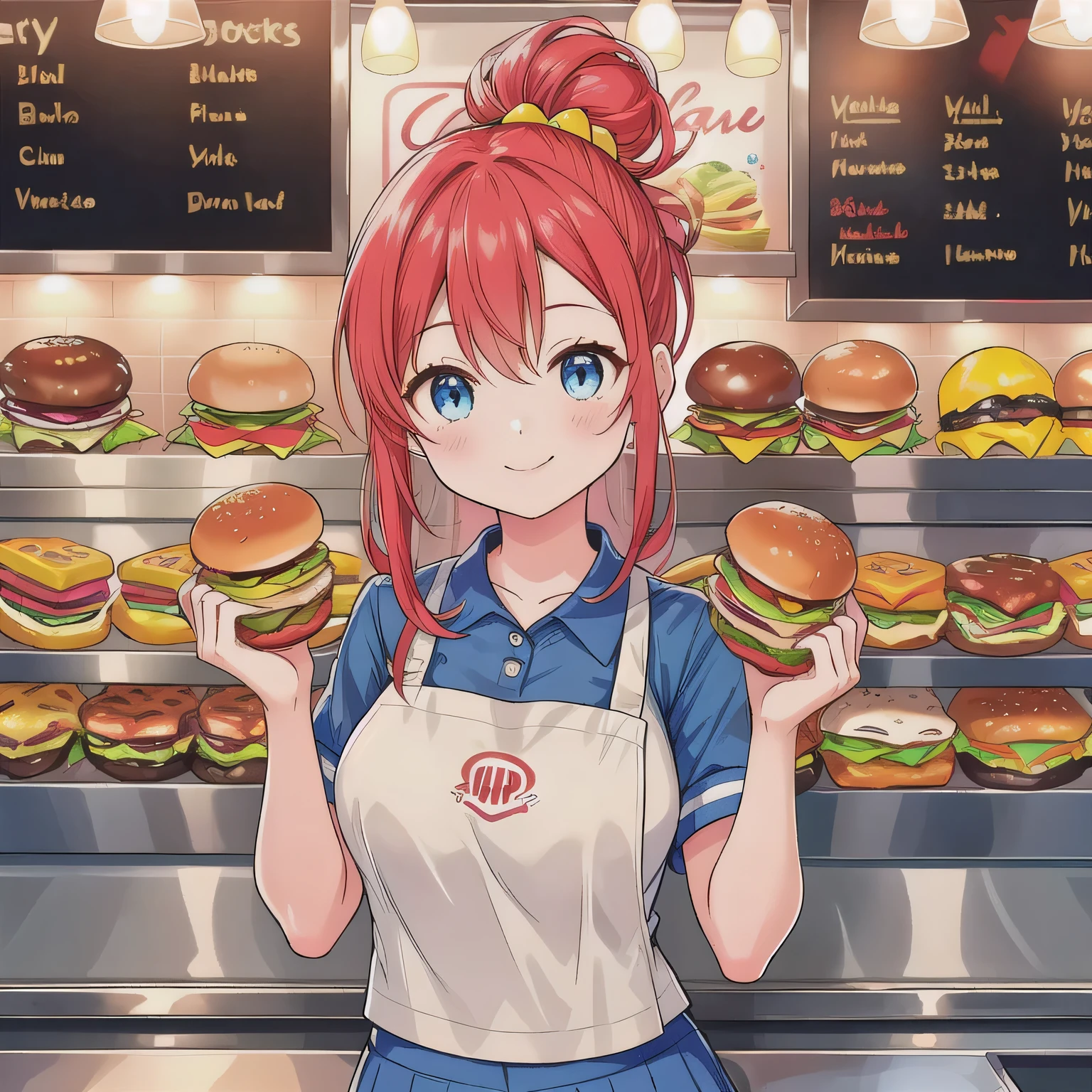 She is a cheerful girl working behind the counter at a cozy burger shop. She is wearing a cute burger shop uniform and smiling warmly at the customers. The background shows a bright and clean fast food counter with menu boards. Red hair, two-sided updo, blue eyes.