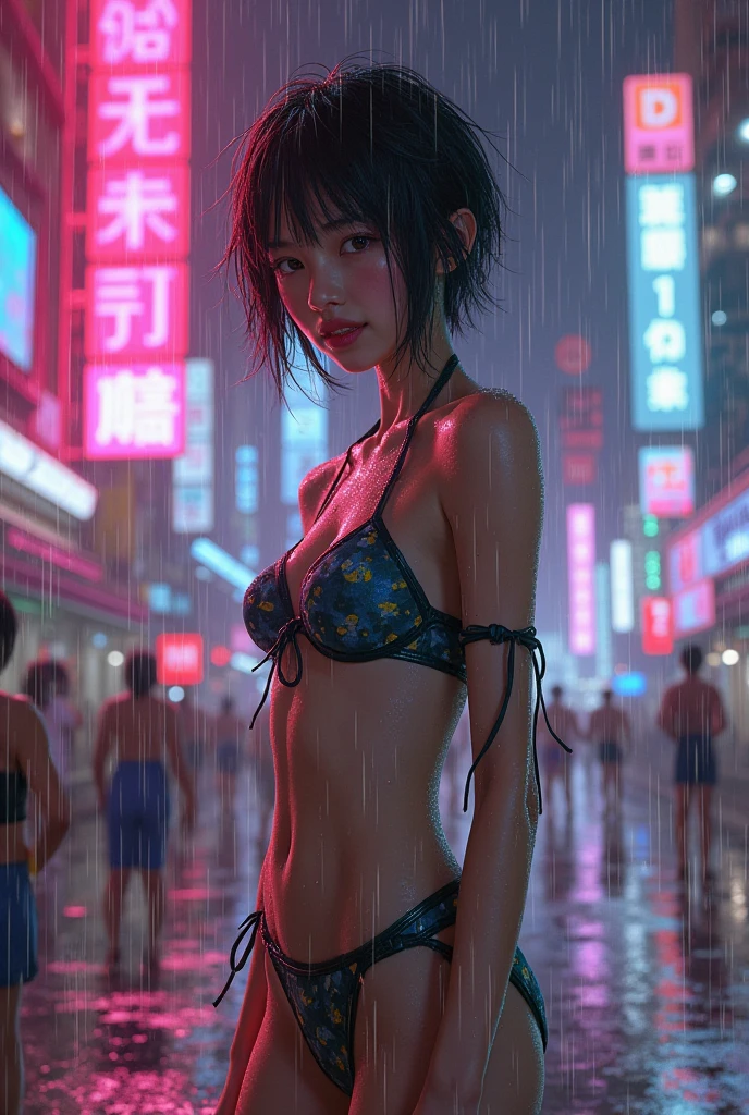 (((((Cyber nostalgia overload、Glitch effects、retro grids、drown in pink gradients & digital dreams)))))、Pink Glowing Neon Street、Pink Night Sky、It's raining heavily in the city . ,soaking wet, Drooping, wet face,wet close, wet skin, wet hair, one girl, A girl with a cute face like a Japanese idol ,  without makeup,thin, small breasts, (black pixie cut:1.2), (dull bangs), Immerse in a dark world, smile,　model pose, shot from below, (skinny:1.0),add irregular prints and patterns, sharp lines, Unusual Accessories Attached to Clothing、Tied-up themed swimsuit、 Originality and innovation, , Lomography  、nsfw、Ishihara Satomi