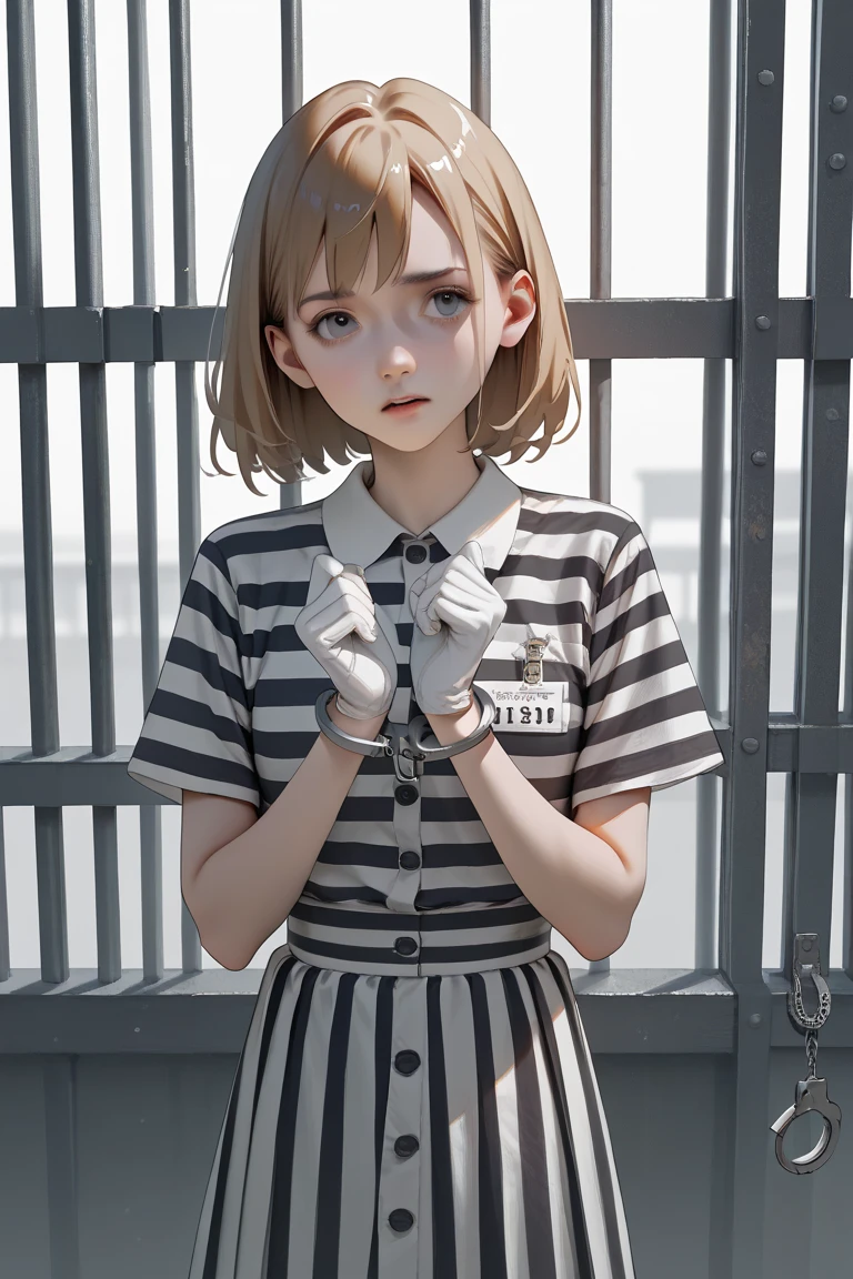 Anime Girl，White Gloves， anime，put on handcuffs，bondage，prison