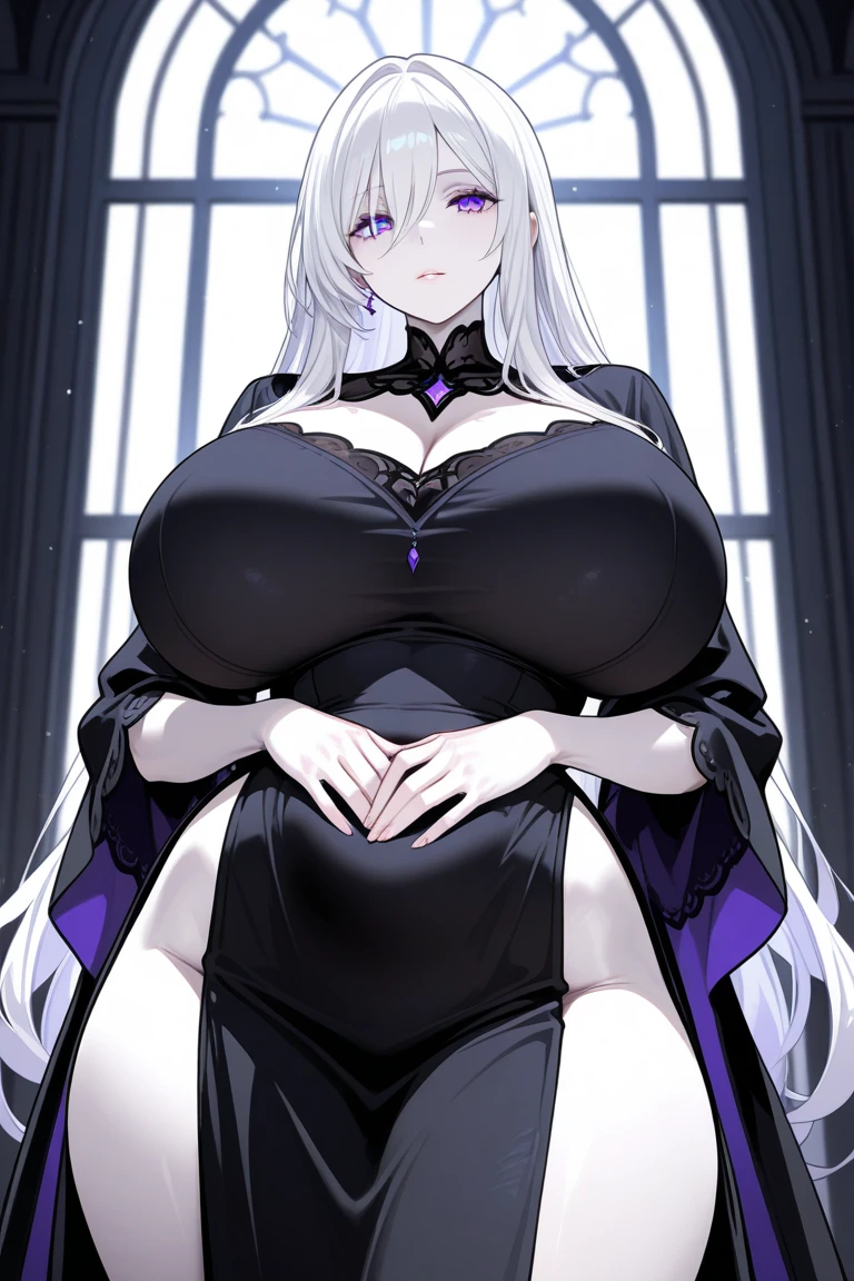 ((masterpiece)), ((best quality)), (detailed), perfect face, Scary Demon Queen, breast bursting, super curvy, muscular, purple glow, purple eyes, white hair, (ice white skin color:1.3), demonic tattoos, leather stripes, leather lingerie, revealing clothes, best quality masterpiece, sitting on throne, full body shot