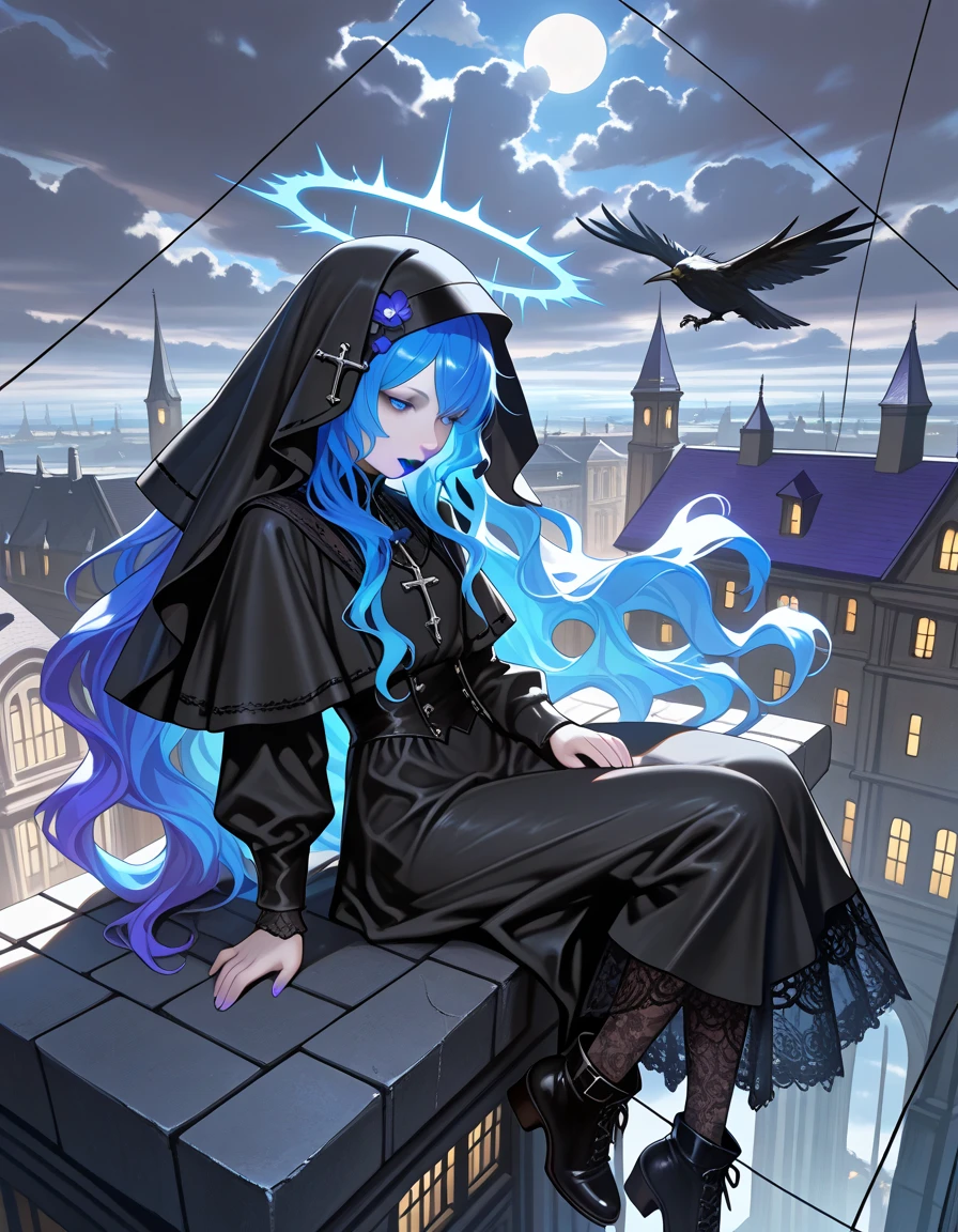 ((giantess girl. bottom of the ocean:1.2)). A beautiful girl sits on the roof of a church looking down at us. The church has sunk to the bottom of the sea. The girl is wearing a purple gothic lolita dress. She looks young, her eyes are big and smiling. Wriggling tentacles. broken church.