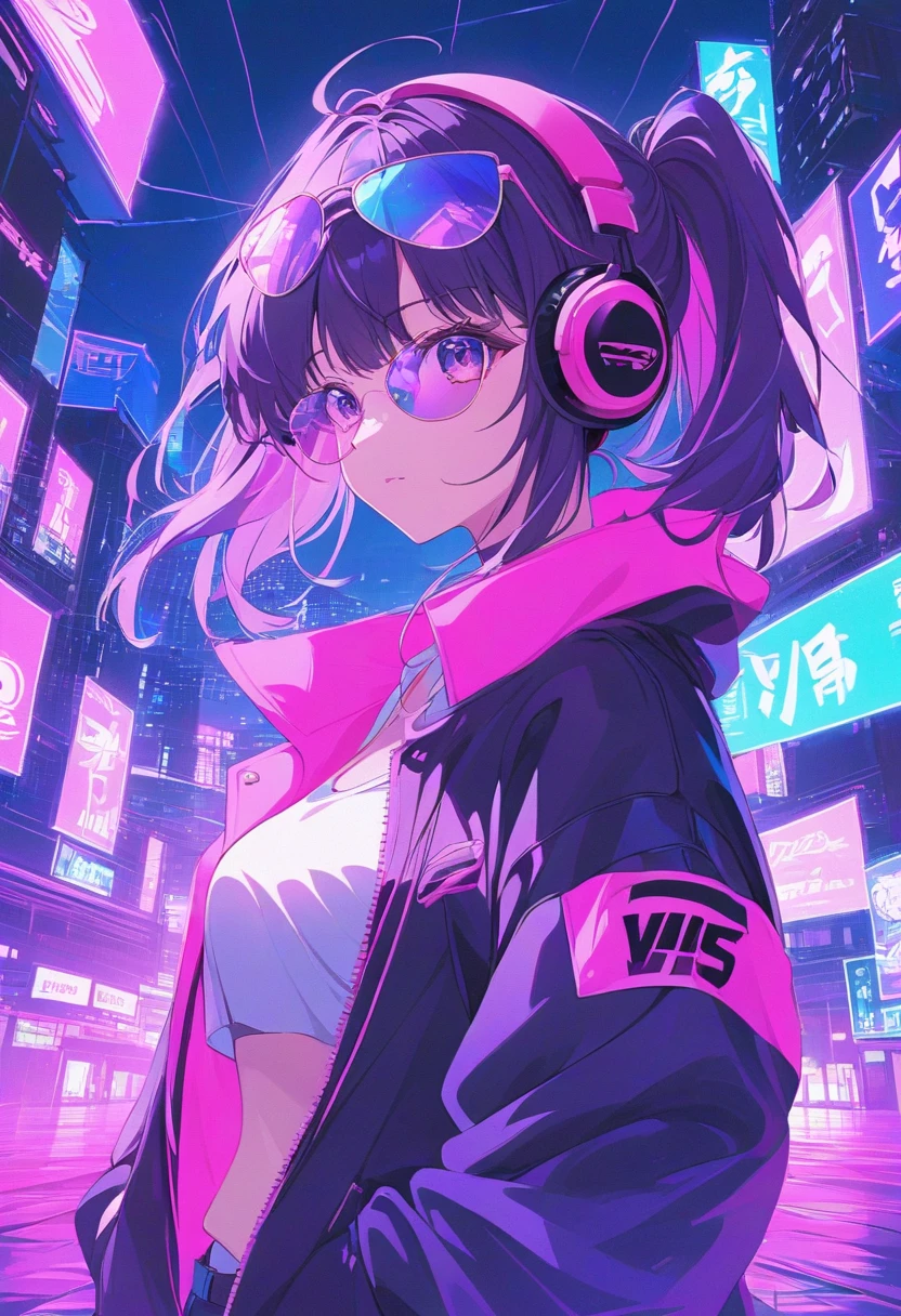 A cute anime girl standing in a neon-lit city at night, surrounded by ...