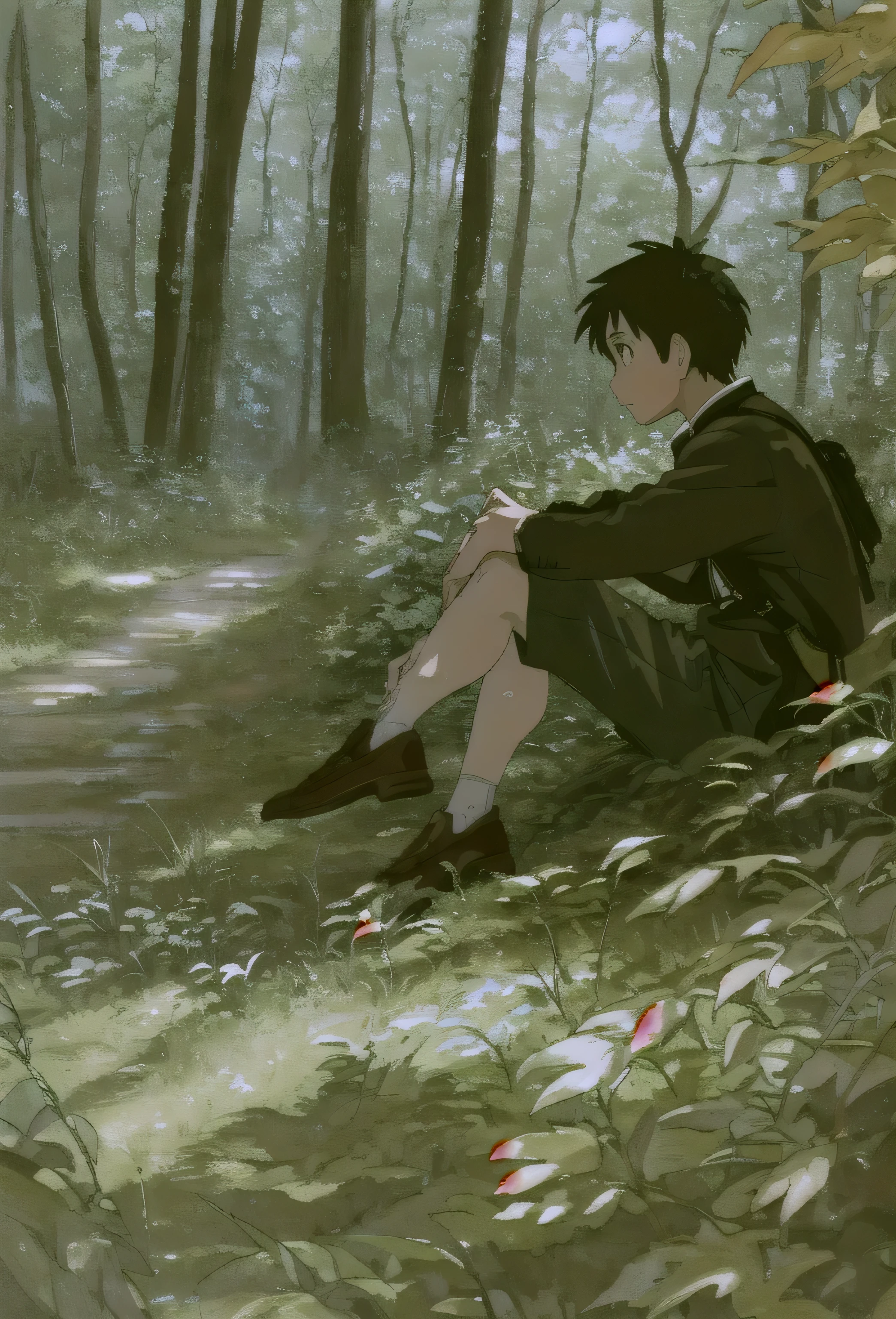Ghibli in the woods and a age boy sitting under a tree wearing a black jacket of cream-coloured shorts and a brown shirt and wearing a black coloured sling bag was enjoying the view