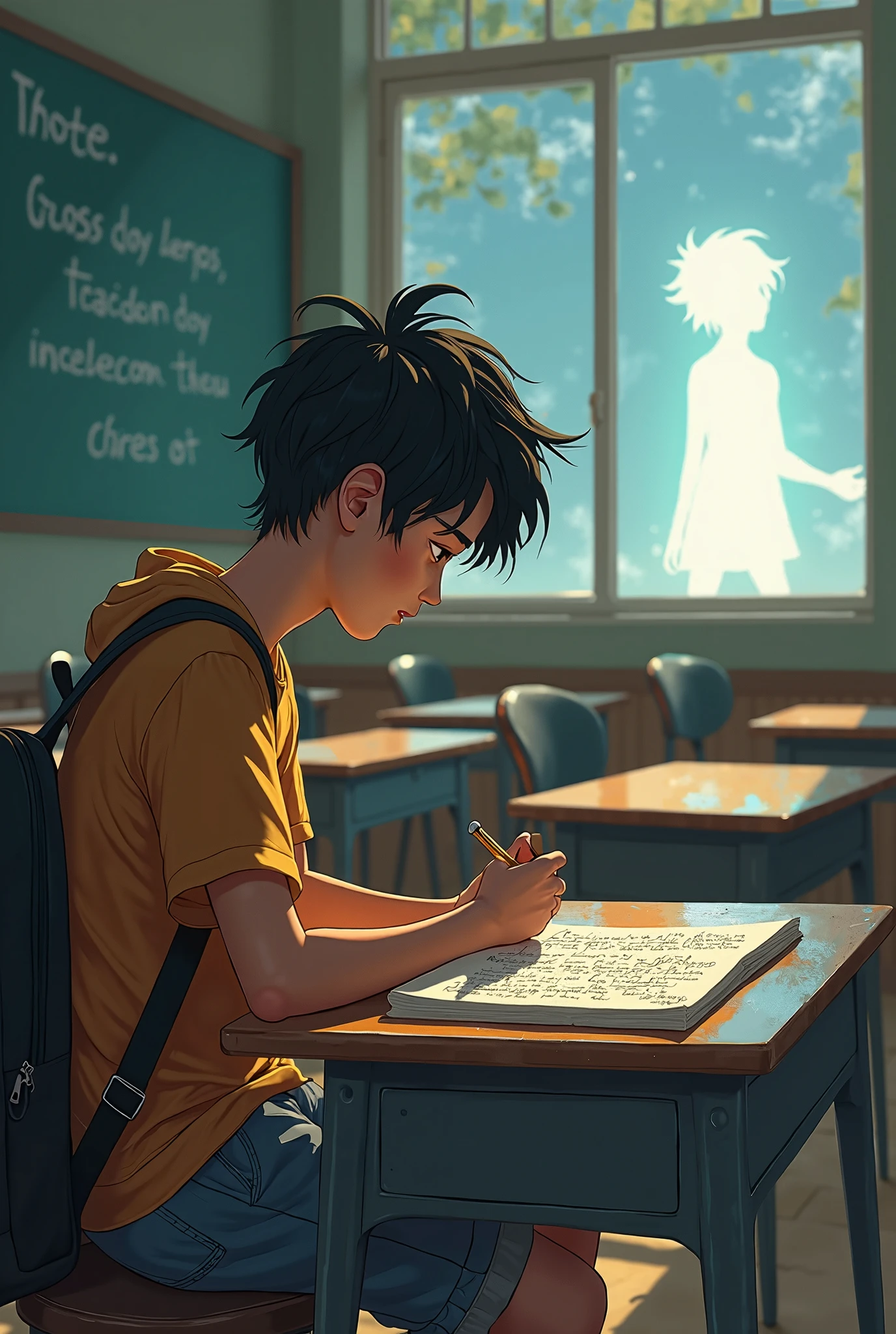 A ager, isolated in the back of the classroom, writes verses on the corner of his backpack with pen. No one sees, But in the reflection of the window, a luminous figure observes him tenderly.
Disney/Pixar-style art