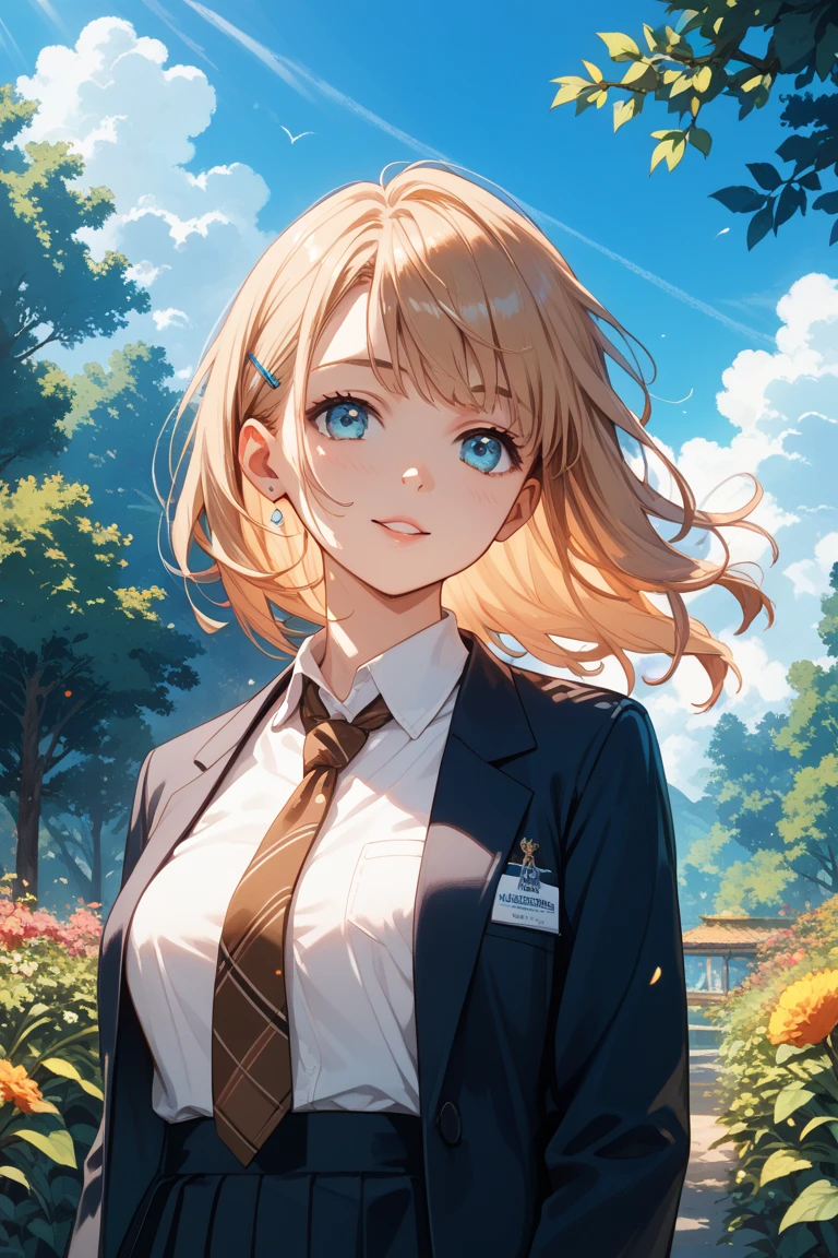 Portrait of a young Japanese woman standing outdoors under a clear, bright blue sky. She is wearing a black formal school uniform with a brown ribbon tie. Her medium-length straight hair is slightly moved by the breeze. She has a serene and peaceful expression, gently closing her eyes as she feels the sunlight. The background is simple and minimalistic with only the vibrant sky. The lighting is natural and crisp, creating a fresh, uplifting atmosphere. The art style is realistic photography with vivid colors and a clean, airy feeling.