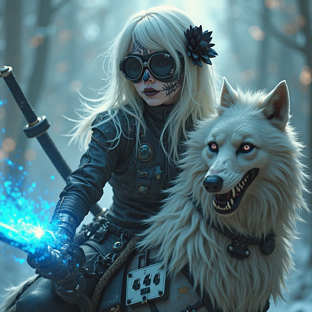 ( masterpiece:1.2 ), ( super detailed), 16k, 8k, 4K, HD, UHD, hyper realistic photograph, wallpaper, full body, top-quality, high quality, Extreme Detail Photography, Eye for extreme detail, masterpiece, Incredibly beautiful pale female model, wearing very dark steampunk goggles covering her eyes, long bleached blonde hair, wearing day of the dead skull face makeup, one small black flower in hair, wearing revealing robotic futuristic black and white battle armor, small breasts, has cybernetic robotic implants, half human and half robot, retrofuture, avant-garde, the number 1441 embroidered on her clothes, holding a futuristic katana, riding on top a giant ferocious blue aura light demon wolf