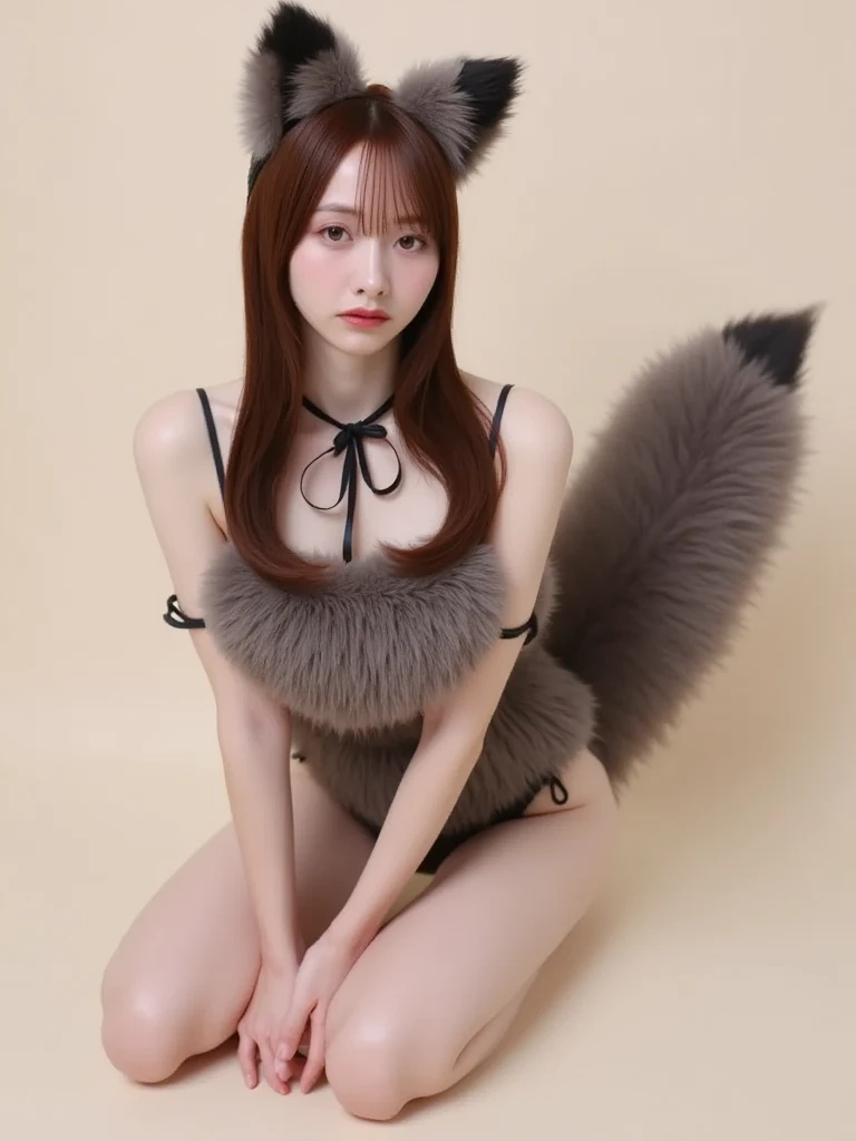 ((highest quality, 32k)), ((masterpiece)), (Familiar), Perfect Face, vixen, Pretty girl, Company Office, Has a tail, She has a northern fox tail., She stands up her fluffy tail, Dog collar, Beautiful hip line, Big Breasts, She is wearing underwear, A big tail sticks out, Troubled face, Climb on all fours, Nice body