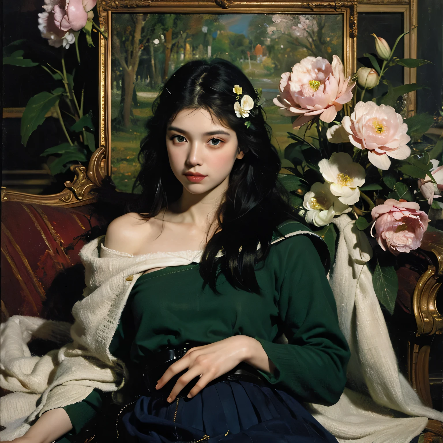 (oil painting:1.5), \\ a woman with (long curtly hair ), ((green eyes)) is lie on the ground in veil, peony, (amy sol:0.248), yellow, with skirt, (stanley artgerm lau:0.106), (a detailed painting:0.353), (gothic art:0.106)
