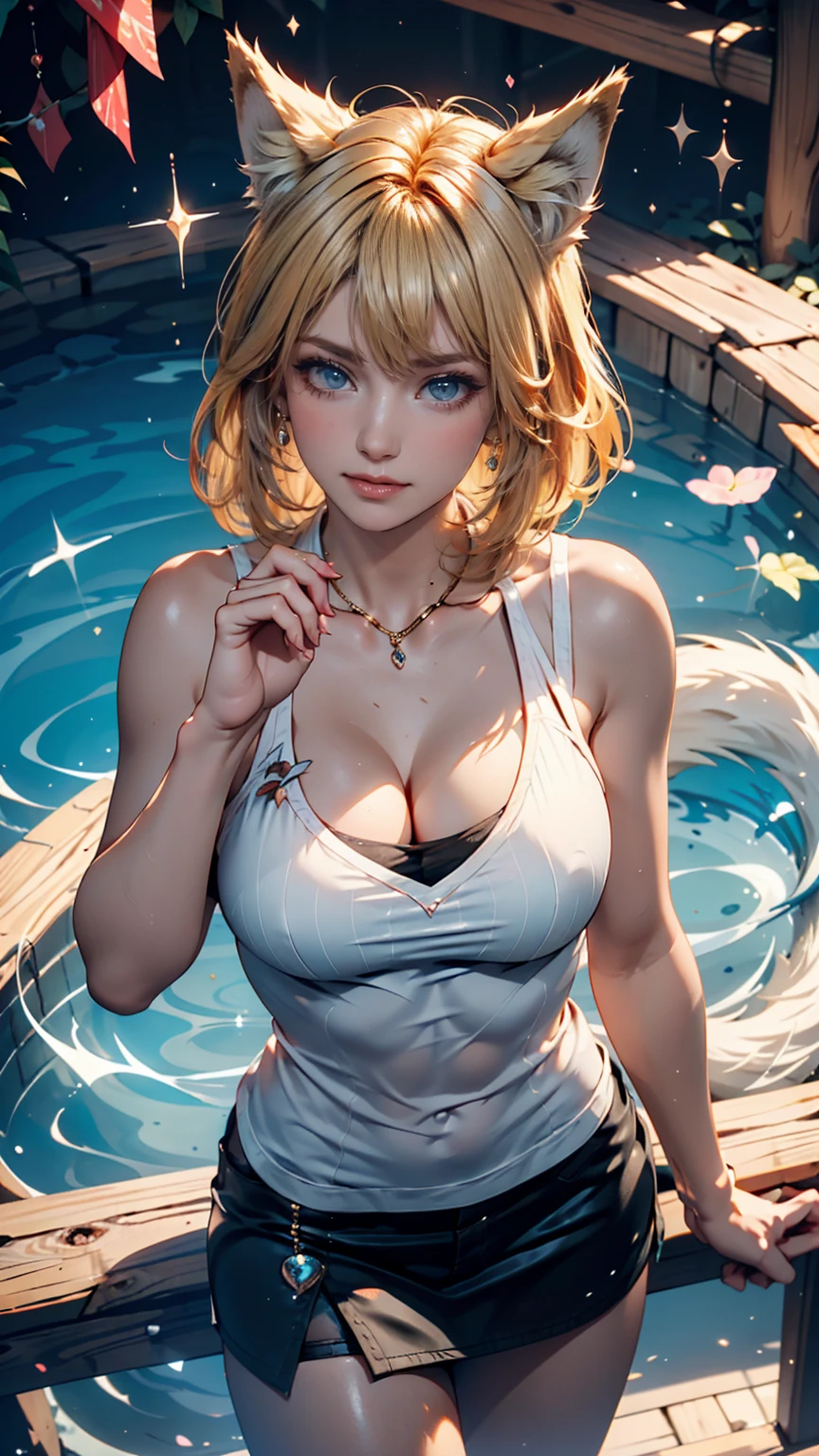 Healthy Skin Elf、Portrait photo of a 20 year old woman、Night Pool、 detailedな背景画、Blue Eyes, detailedな目、White hoodie、particle、超detailed、Transcendently beautiful、Bright red lips, (masterpiece) (Highest quality) (detailed) (8K) (High resolution) (Cinema Lighting) (Sharp focus)、alone、Blonde、short hair、((blush: 0.8)), Natural skin texture, 
