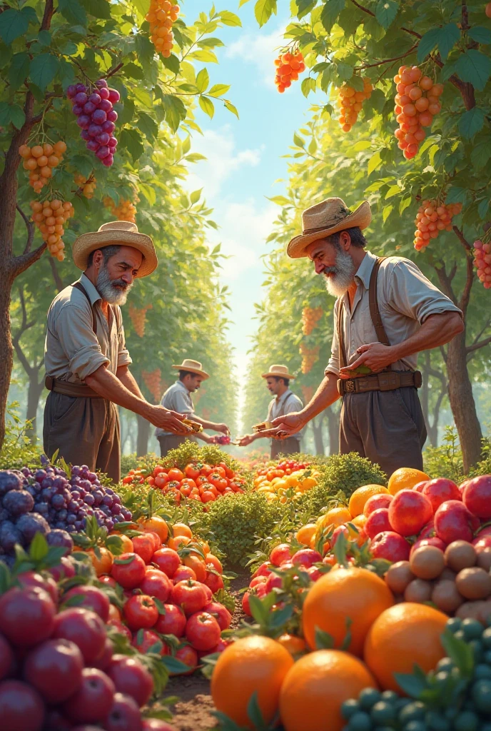 Create an Image of fruits such as grapes apples olives oranges being harvested