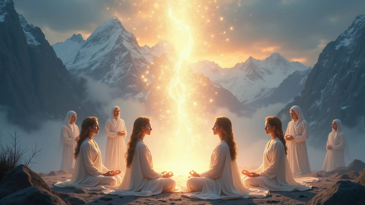 A divine celestial scene featuring spiritual figures meditating near a radiant barrier of light surrounded by mystical mountains, ethereal beings watching over them, cosmic energy flowing from the sky — ultra-detailed, surreal, heavenly atmosphere.