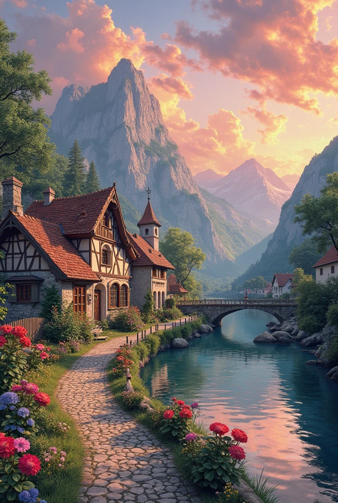 A small village by the river, Cute kitten mountains in the background, colorful flowers, detailed landscape, beautiful natural scenery, atmospheric lighting,  scorching sunset ,  warm colors, practical, photographic, detailed foliage, complex buildings , cobblestone street, charming country house, vibrant colors, lush vegetation, reflections in the water, pitoresco, idyllic, work of art, Best Quality, 8k, extremely detailed, anime style