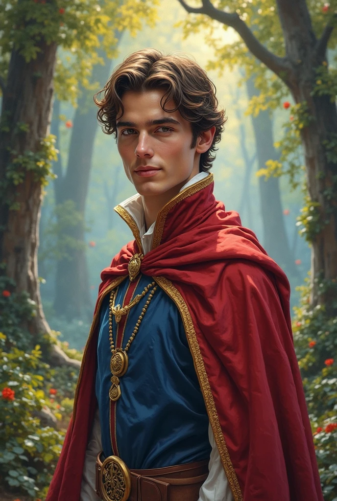 create a young man. He is the prince of snow white. He is dressed in the disney man costume. realistic portrait. He looking directly at the viewer. Full figure. He is with his body in front of the viewers. Background an enchanted forest with vivid colors