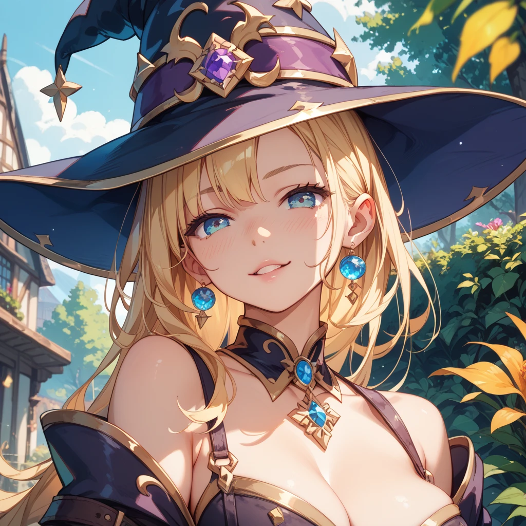 masterpiece, best quality, dcSorc, witch hat, strapless dress, detached sleeves, upper body, large breasts, forest, looking at viewer, night sky, from below, closed mouth