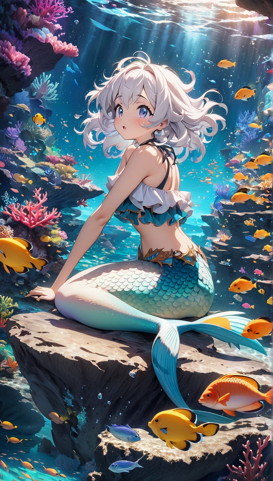 (best quality,4k,8k,highres,masterpiece:1.2),ultra-detailed, Pretty anthropomorphic albino mouse girl magically transformed into a beautiful mermaid, race swap, fantastic transformation, sharp teeth, beautifully detailed lips with lipstick, she’s is smiling, drawn in anime style, steampunk, fishlike, wet body, very long curly white hair, red eyes with long eyelashes, white fur, slim body, red manicured nails, whiskers, mouse ears with pearls attached on them, long mermaid tail below waistline with shimmering cyan fish scales, pelvic and dorsal fins, a pair of fish gills on her torso, seashell bra, pearl bracelets, pearl necklace, joyful expression, playful mermaid poses, sparkling water, water reflections, ethereal atmosphere, subtle glow, whimsical and enchanting, checking her new body, underwater world, colorful coral reef, magical underwater lighting, vivid colors, breathing underwater, endless ocean depths, sunlight filtering through the water, Highly detailed, masterpiece, high quality, 4K.