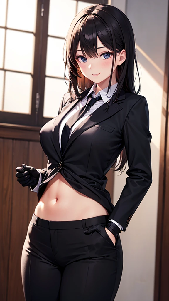 ((Best Quality)), ((masutepiece)), (Detailed), Perfect face　a beauty girl　cleavage of the breast　red eyes　long, thick black hair　 Blunt bangs　Stand facing forward with your hands behind your back　black and red blazer　a miniskirt　Girls#39; School Costumes