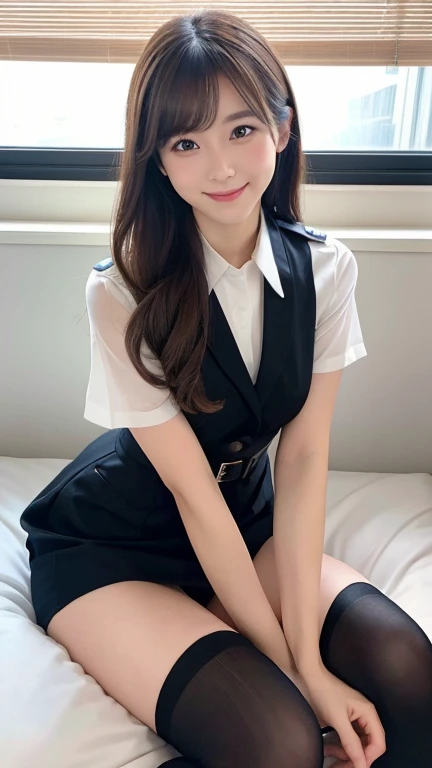 (1 Korean star with royal sister style), ((Best quality, 8K, 巨作: 1.3)), focal point: 1.2, Perfect body proportions: 1.4, (Make a smile), (Ray traching),Watery eyes, Highly Detailed Face and Skin Textur, Fine eyes, Double eyelids, Whitens the skin, (long whitr hair, Air bangs: 1.3), (face round: 1.5), (JK school uniform: 1.4), (sitting in the couch,Show off your figure: 1.6),(black lence stockings: 1.4),(film grain style:1.3),a sense of atmosphere