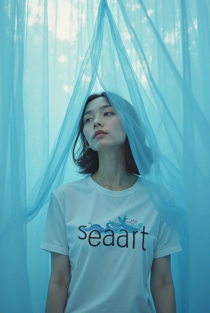 A girl with black grey hair and bangs swims with fish, realistic girl, brown eyes