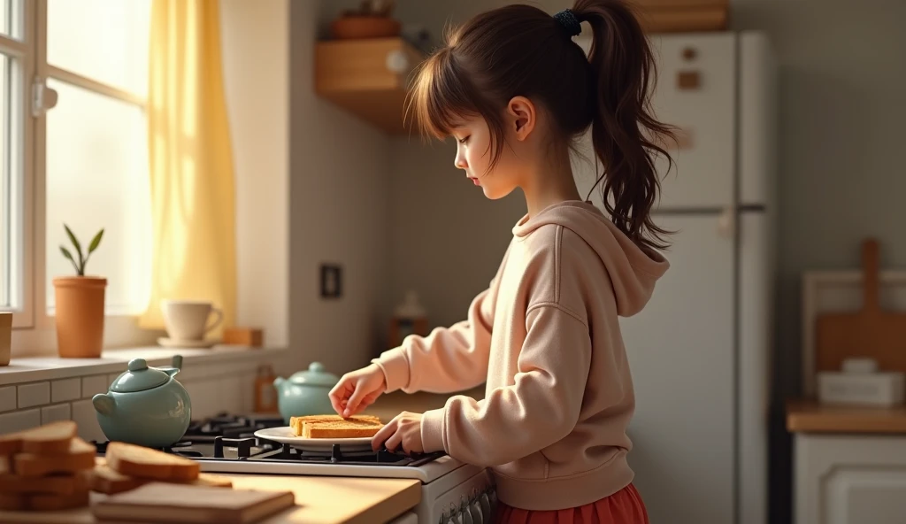 (photorealism:1.2), beautiful seven-year-old girl, opening oven door, wearing loose off-shoulder top, pajama pants, long curly hair, indoors, soft lighting, plants in background, window with sunlight, modern kitchen, bending pose, realistic, intricate details, warm colors