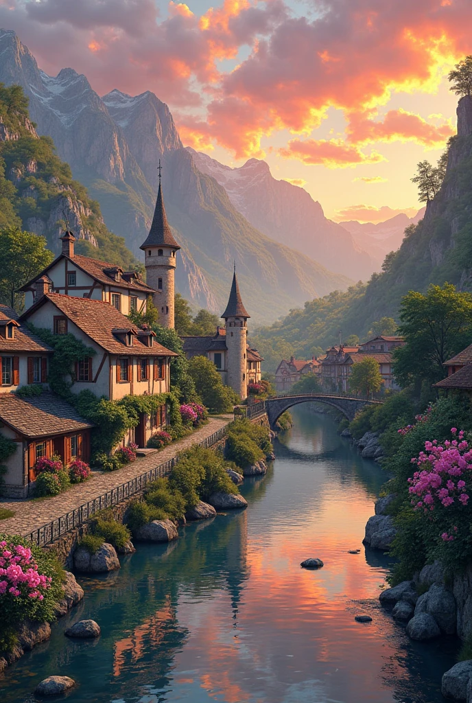 a small village by the river, mountains in the background, floral flowers colorful, detailed landscape, Beautiful natural landscapes, atmospheric lighting, scorching sunset, warm colours, practical, photopractical, Detailed Foliage, complex buildings, cobblestone street, Charming country house, swirly vibrant colors, lush vegetation, Still water reflections, Picturesque, idyllic, work of art, best qualityer, 8k, extremely detaild,anime styling