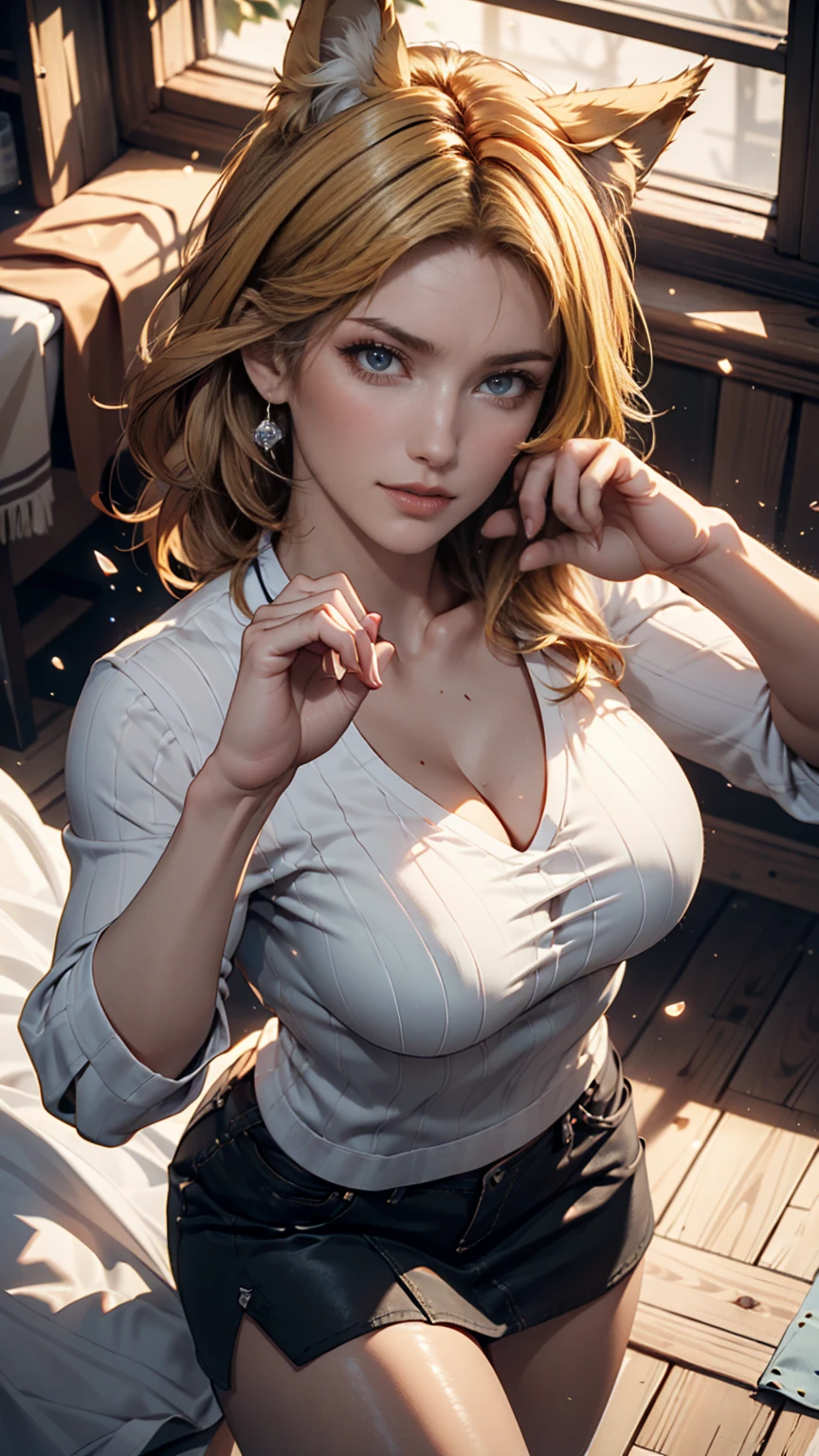 (masterpiece, best quality, super detailed, beautiful details eyes, Clean and delicate face), Super realistic, 1 lady and 1 young man, upper body, ((She is holding the young man in her Great breast with great joy, The young man buried his face in her chest and nearly suffocated)), The lady is blonde pony tail, wearing white tank top, A red cherry tattoo near her Collarbone, Great breasts are Great Weapon for young man, Beautiful Art Ultra HD 8K, 8K highly detailed digital art, background blur