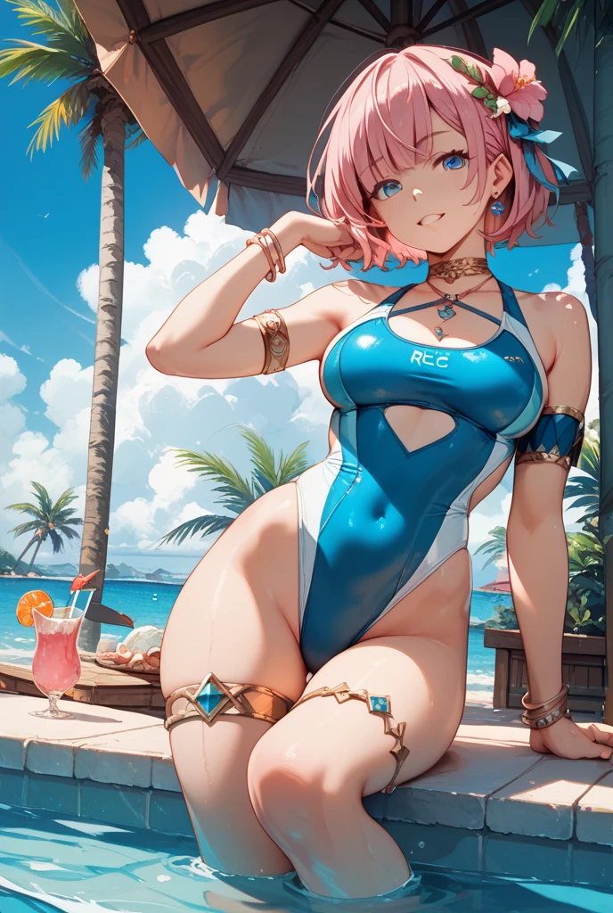masterpiece, high quality, high-resolution image looking at viewer. long legs, arms behind back, pyra, red hair, y, swimsuit, xenoblade, large bre((breasts Fo
