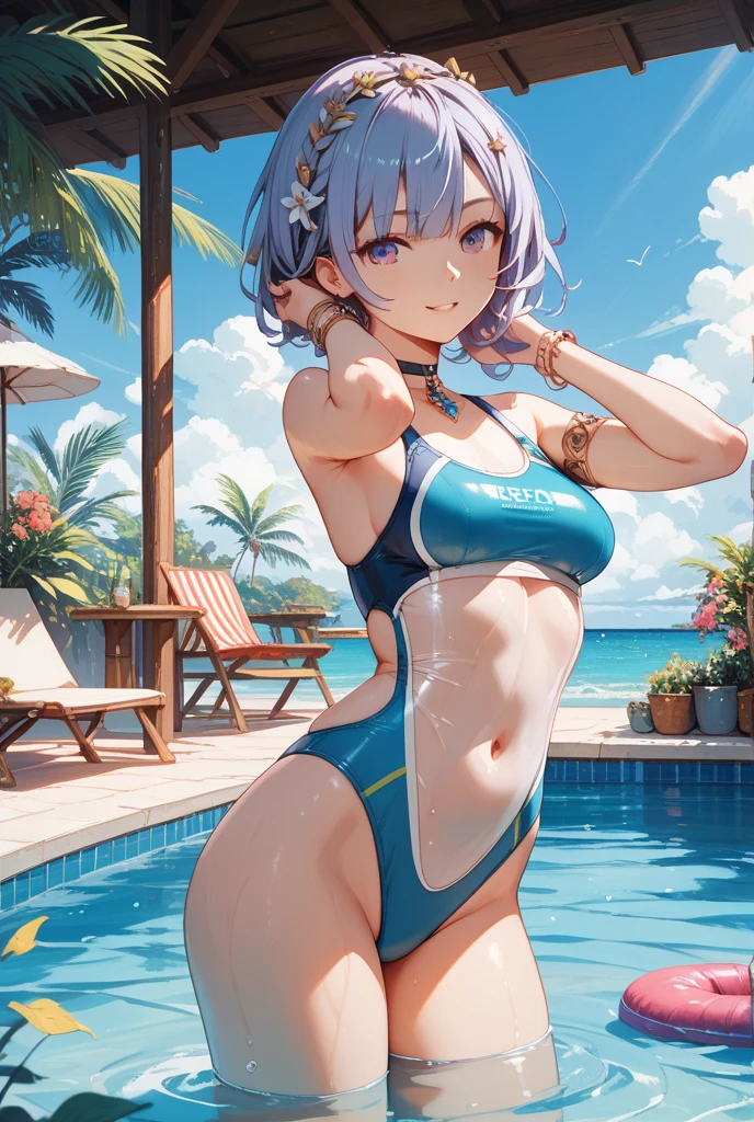 3 girls High level image quality best image quality 8K adult woman pool party rain palm trees more colors whole body view portrait golden bikini horn ears short hair((shortcut)(gray hair)(perm)(fluffy)) eye color is blue , , attractive evil face , smile , sexy pose , labrynth , crossed arms, barearm , sittings by the pool , crossed legs , all wet , view foot arc
