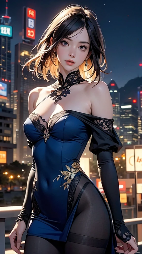 (Rich woman:1.5),solo, large breast, cleavage, bare thigh, elegant, diamond jawerly, (night city view:1),