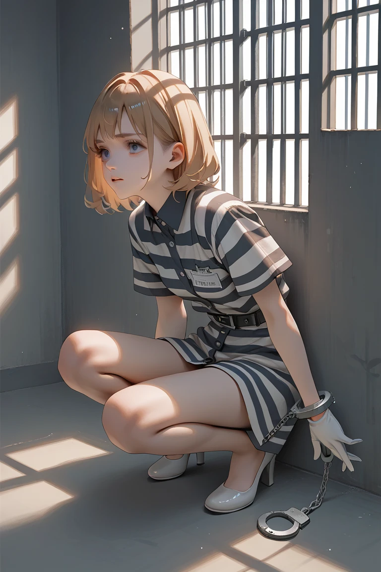 Anime Girl，White Gloves， anime，put on handcuffs，bondage，prison