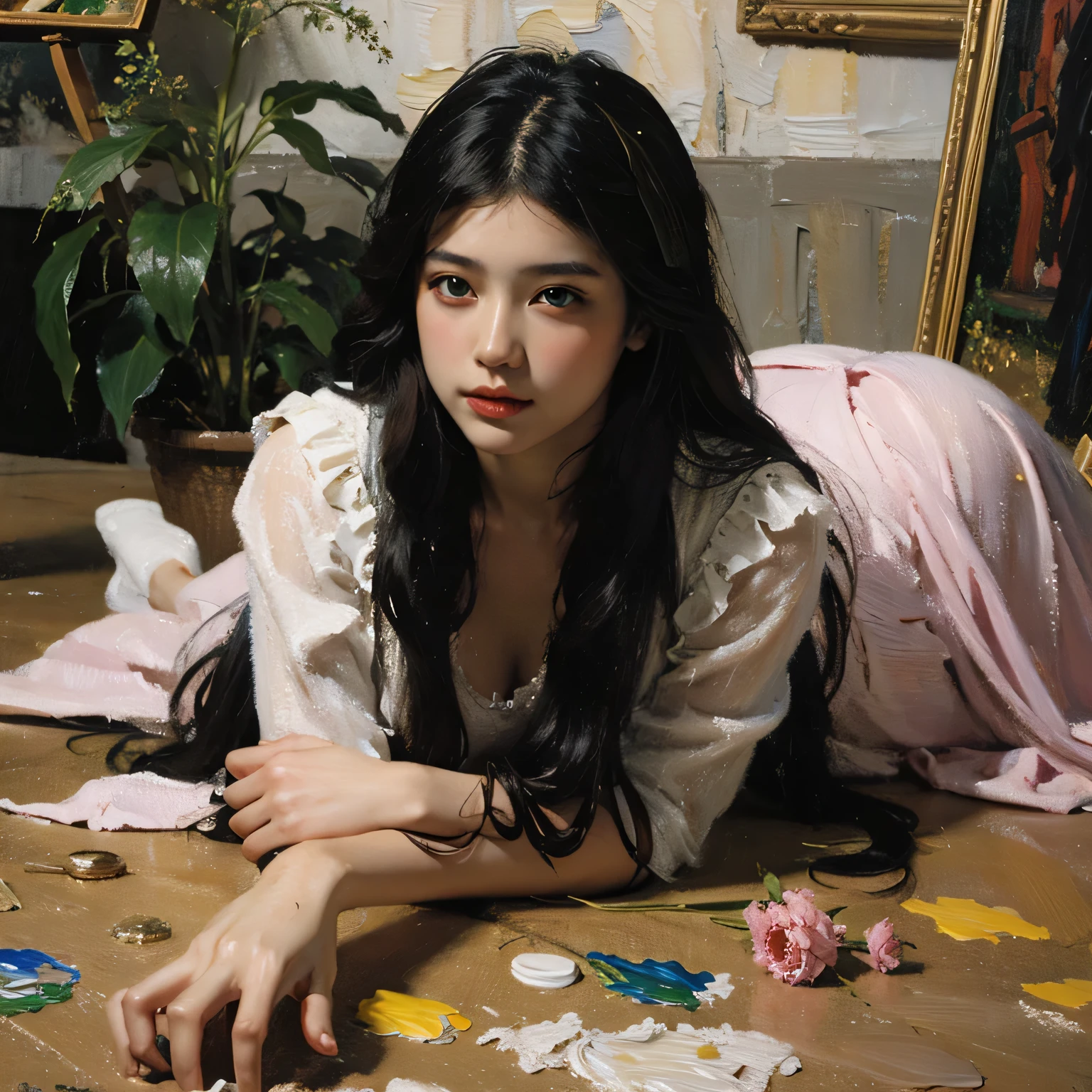(oil painting:1.5), \\ a woman with (long curtly hair ), ((green eyes)) is lie on the ground on carpet, peony, (amy sol:0.248), yellow, with skirt, naked(stanley artgerm lau:0.106), (a detailed painting:0.353), (gothic art:0.106)
