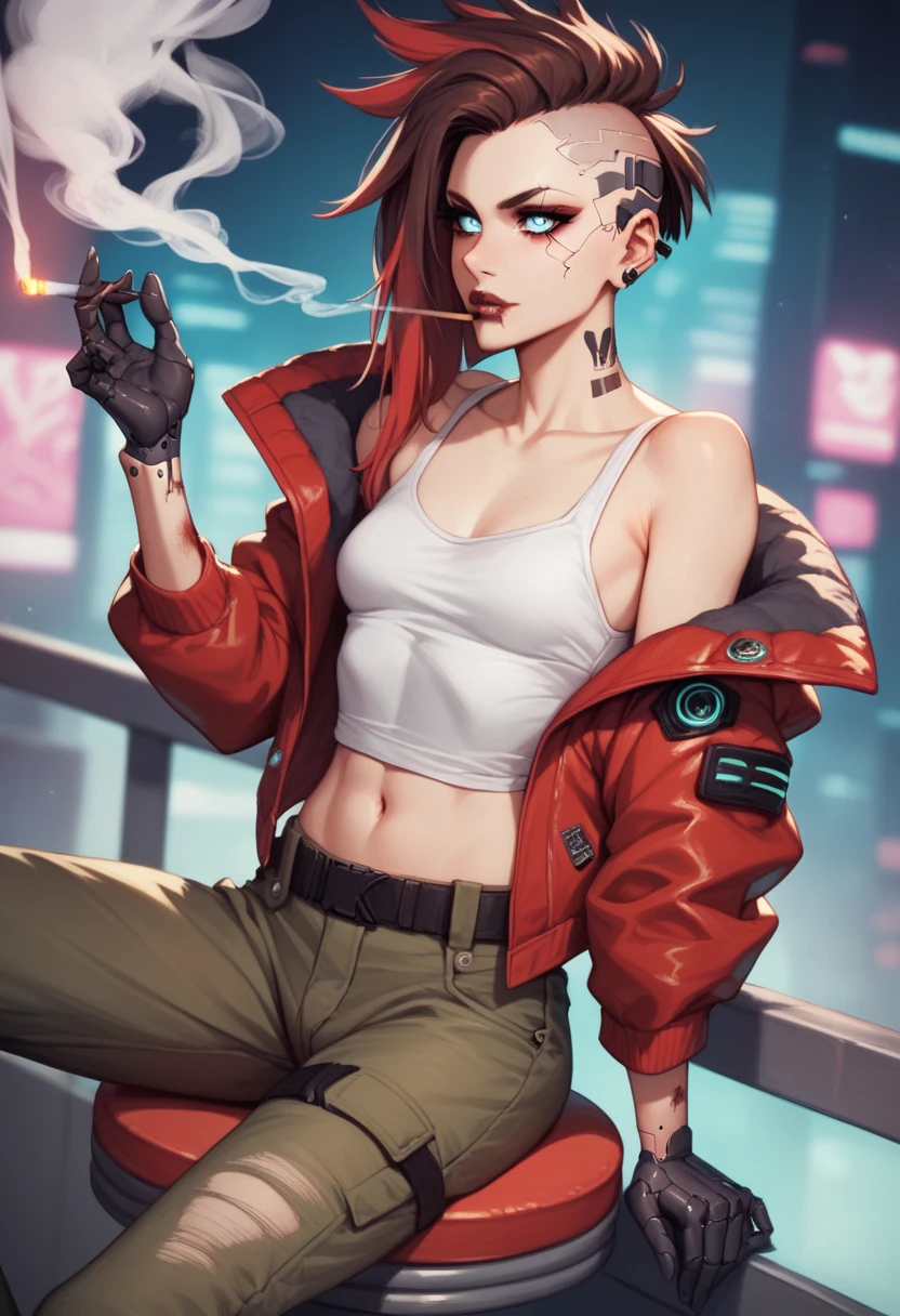 extremely beautiful model, 30 years old female, skandinavian, cyberpunk, brown punk hair, red leather jacket with yellow accents, sitting relaxed on stool, cyberpunk bat, bloody lip, glowing blue eyes, black robotic hands, relaxed face, smoking cigarette in mouth, black baggy cargo pants, skinny, small breasts, (empty hands),  on one shoulder, white tight tank top