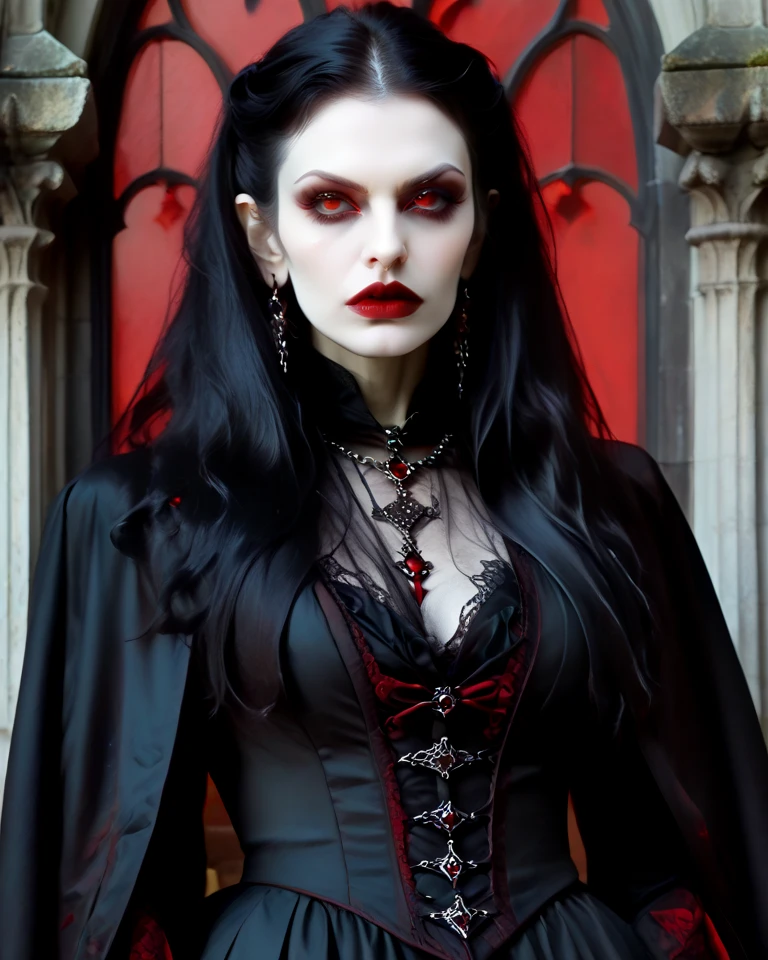 A seductive (female version of Dracula) with flowing midnight black hair, pale porcelain skin, and blood-red lips, lurking in the shadows of a grand Gothic castle. She gazes out from a high tower window, her hypnotic eyes reflecting the moonlight. Wisps of fog slither around her, adding an eerie ambiance to the scene.