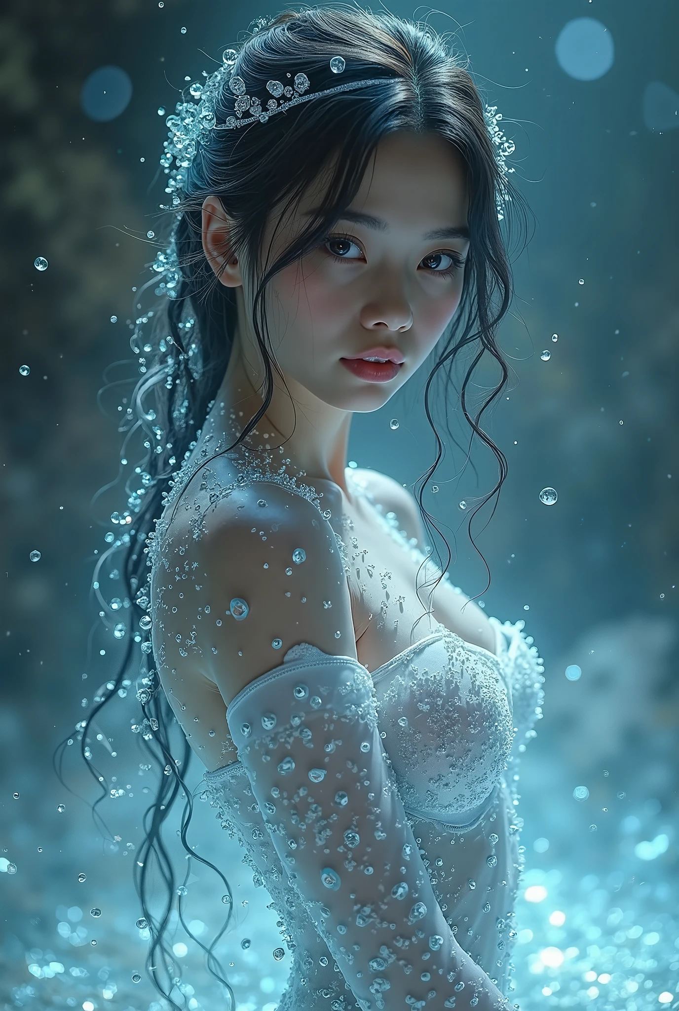 (Top quality,Masterpiece:1.3,Super high resolution),(Very detailed,8K),(Real:1.4,RAW shooting). Blurred background, mysterious background, glowing diamond dust, young ice-water woman, sexy and attractive young woman with full body transparency, shiny skin and small breasts, ((realistic skin texture)), random color hair, floating multi-colored hair, looking at the camery lovingly