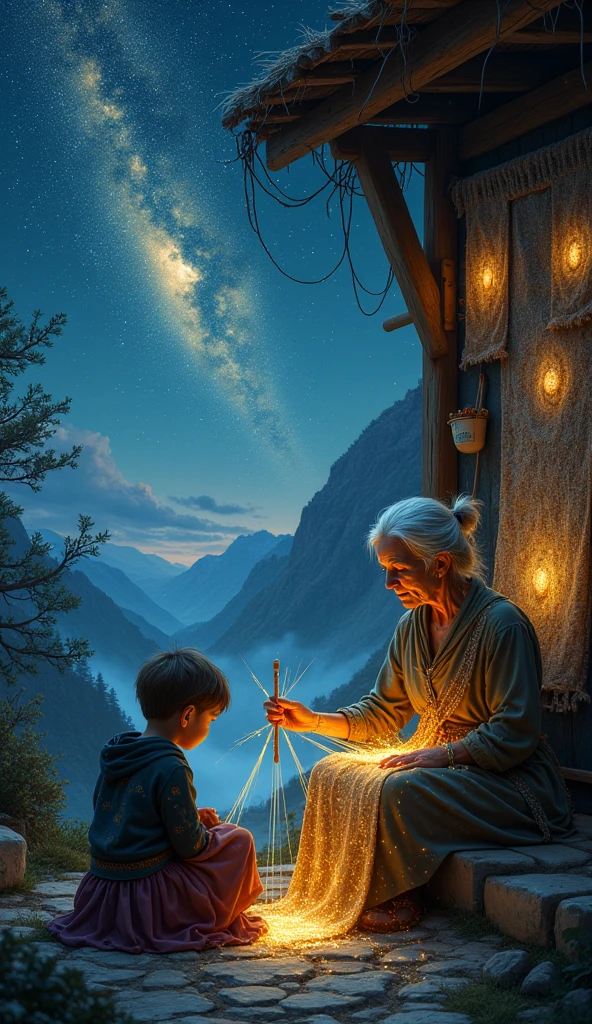 The Weaver of Falling Stars
“In a secluded mountain village that only appears during meteor showers, an elderly woman sits beneath a sky stitched with stars. Her home is filled with glowing threads, woven from stardust she gathers each night. She creates tapestries that hold real memories — a boy’s first snowfall, a dancer’s final bow, a goodbye never spoken aloud. People come to her when they’ve lost something they can’t name. She listens, then weaves, and the tapestry gives it back — not always in the way expected, but always with truth. One evening, a  brings a broken toy and no voice. The woman weaves a shooting star into her cloth, and the next morning, the  sings.”

