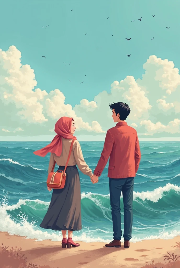 Amal hijab pas de cheveux et sac a main + yacine barbu algerien posé devant la mer style dessin animé
