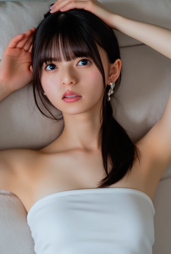 ((Best Quality, 8k, Masterpiece: 1.3)), Sensual Woman, 1 Girl, Large: 1.3, (Firm Abs, Slender Build: 1.2), Big, Slender, Dark Brown Hair, Short Hair, Depicted from Head to Toe, Standing, Legs Shoulder-Width Apart. Black bra, Black G-string panties, Reveal, bed, super detailed face, Detailed lips, Detailed eyes, More big, Double eyelids, Racy underwear, Pimp-like underwear, Pimp-like bra, Pimp-like panties, Large areola protruding from underwear, Shifting bra to show off big, Bare breasts, Missionary position, Crotch open, Liquid dripping from panties, braless, erotic underwear, sexy, small and beautiful hard, chillerism
